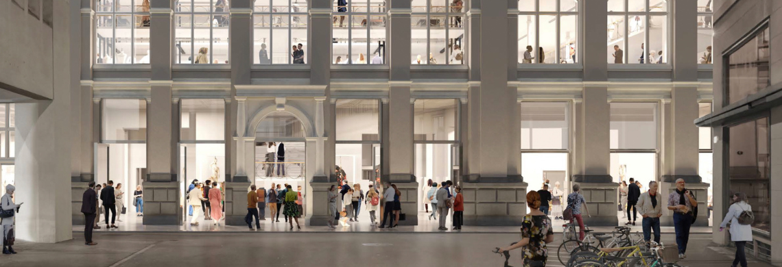 Man sieht eine Visualisierung des erneuerten Textilmuseums von aussen.